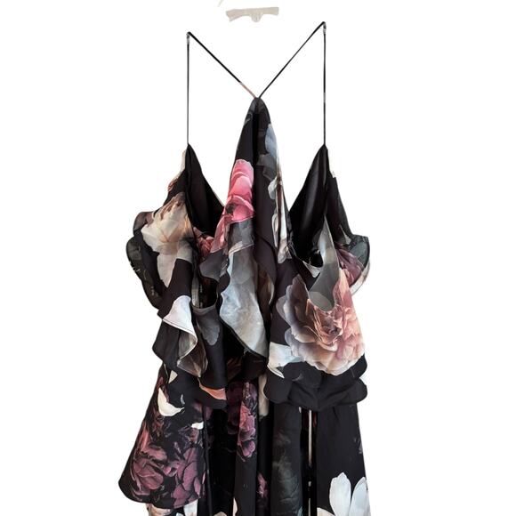 City Chic Maxi Grandi Flora Dress 18 Flowy Cold-Shoulder HiLo Zip Rose Graphic - Picture 6 of 8